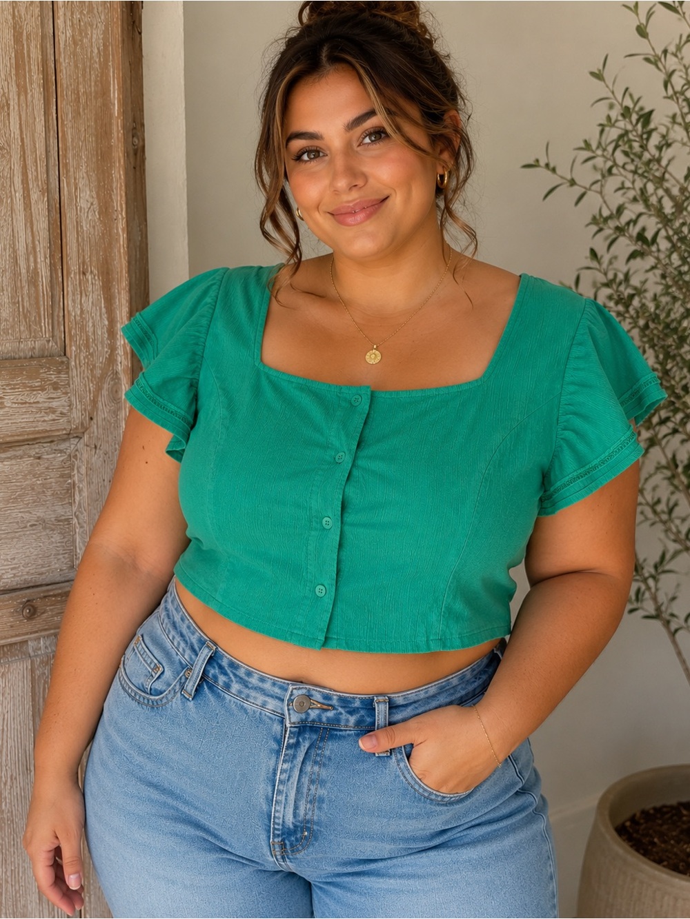 Dolan Left Coast Collection XL Emerald Green Flutter Sleeve Crop Top